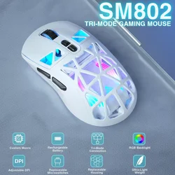 SOLAKAKA SM802 TRI-MODE Wireless Gaming Mouse 10000 DPI Customized Macro Replaceble Switch RGB Gamer Mouse 63g Ultra-light