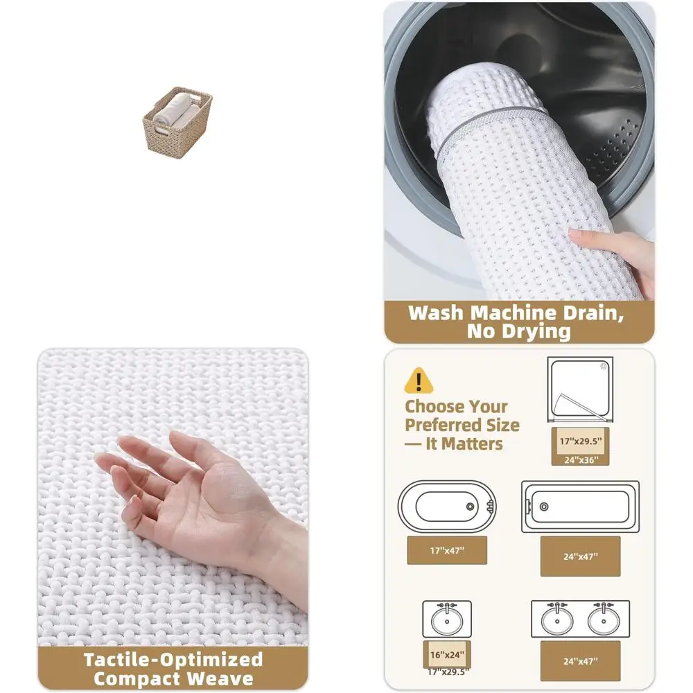 

Denser Chenille Bath Rugs, 24x36, Non-Slip, Absorbent, Washable, Quick-Dry, White, Set of 2