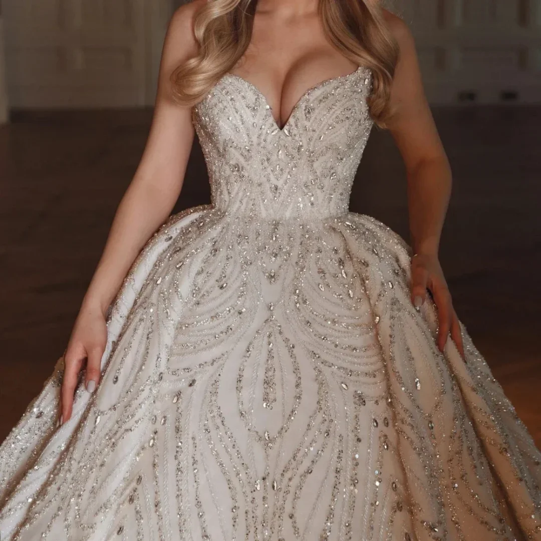

Женские свадебные платья трапециевидной формы на заказ, с вырезом в форме сердца, без рукавов, свадебное бальное платье принцессы, блестящие вечерние платья