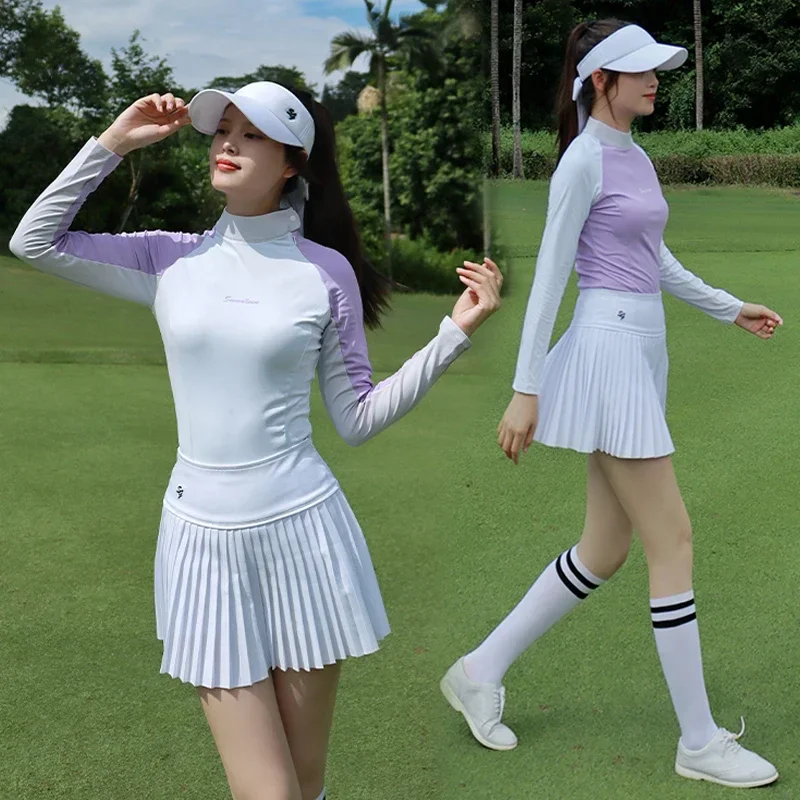 2024 Spring New Golf Women's Wear Autumn Contrasting Sunscreen Long-sleeved T-shirt Pleats Skirt Sport Suit Slim Golf Top Jersey