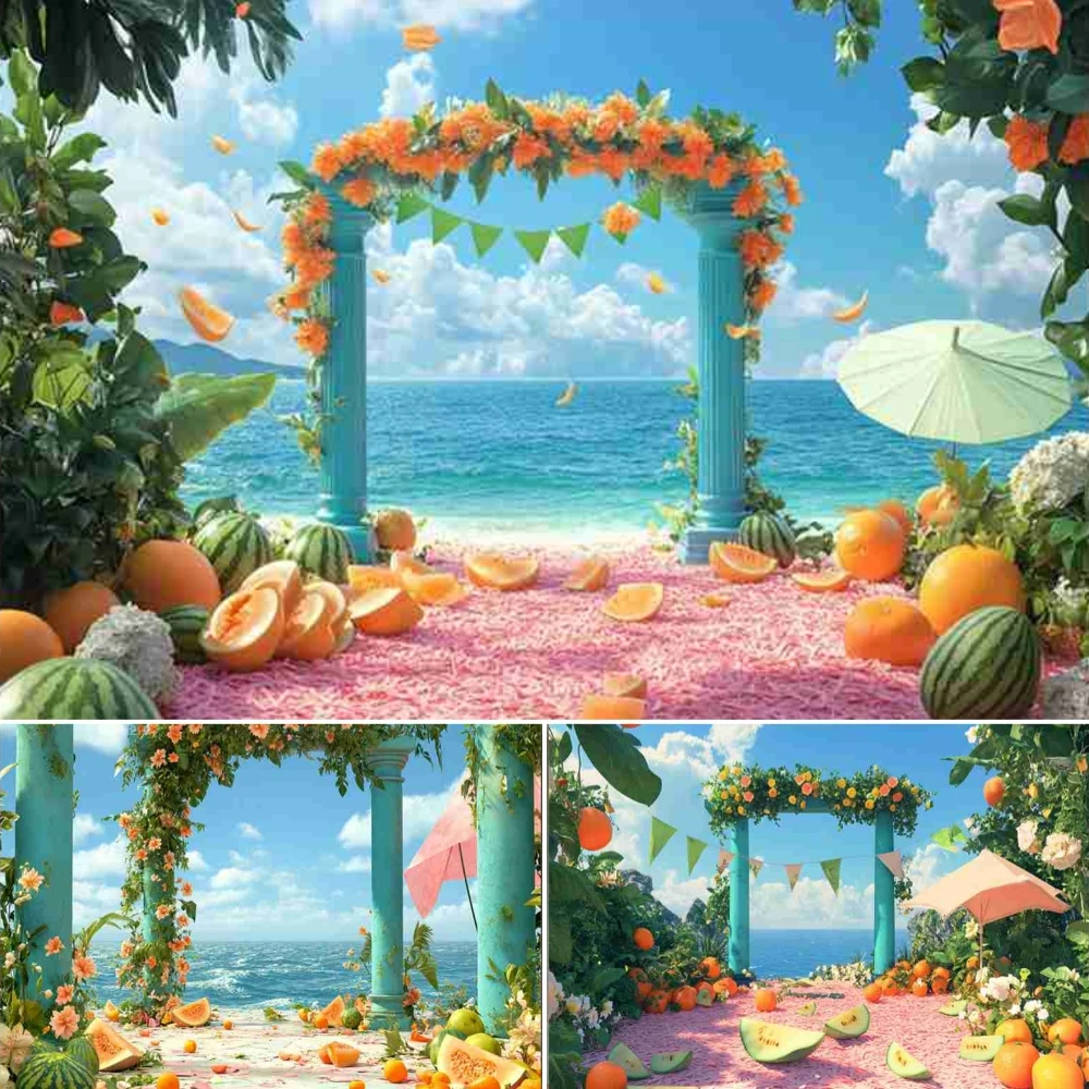 

Summer Beach Backdrop Hawaiian Tropical Fruit Flower Arched Door Holiday Party Wedding Decor Photography Background Prop