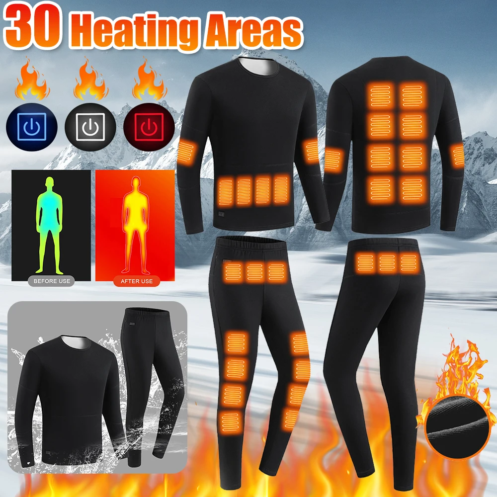 Sous-vêtements thermiques électriques pour hommes et femmes, veste chauffante, pantalon de ski métropolitain, vêtements d'hiver, 30 zones de chauffage