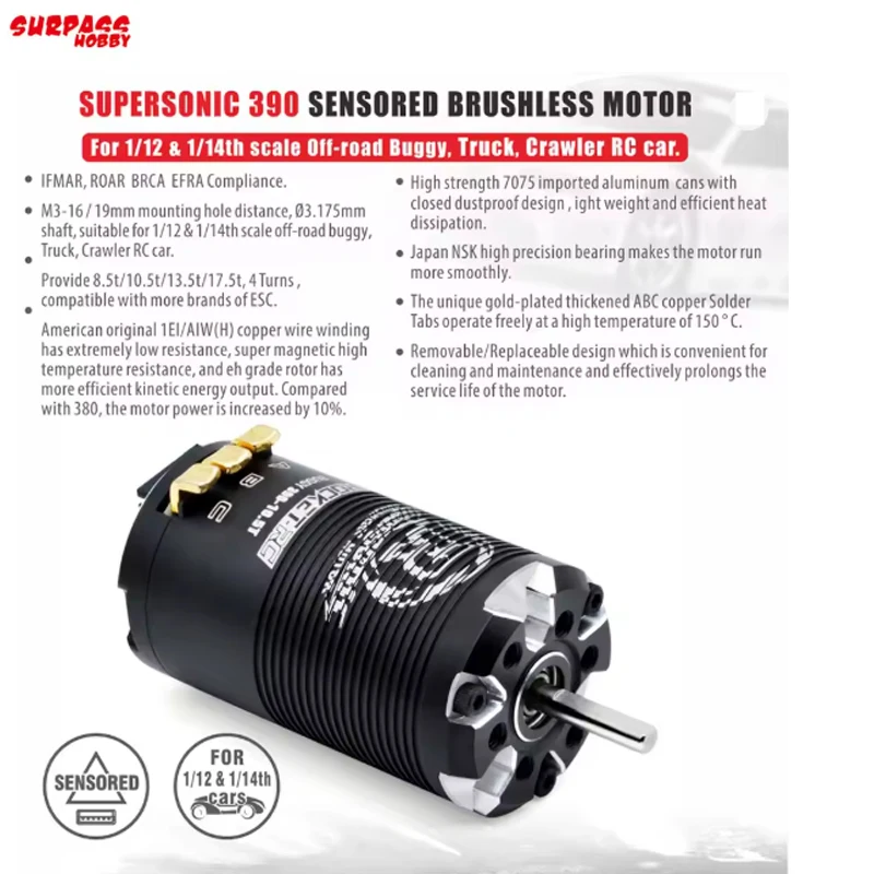 Silnik Surpass Hobby Rocket-RC Supersonic 390 2280KV 2950KV 3650KV 4450KV Bezszczotkowy z Czujnikiem do Samochodów RC 1/12 1/14