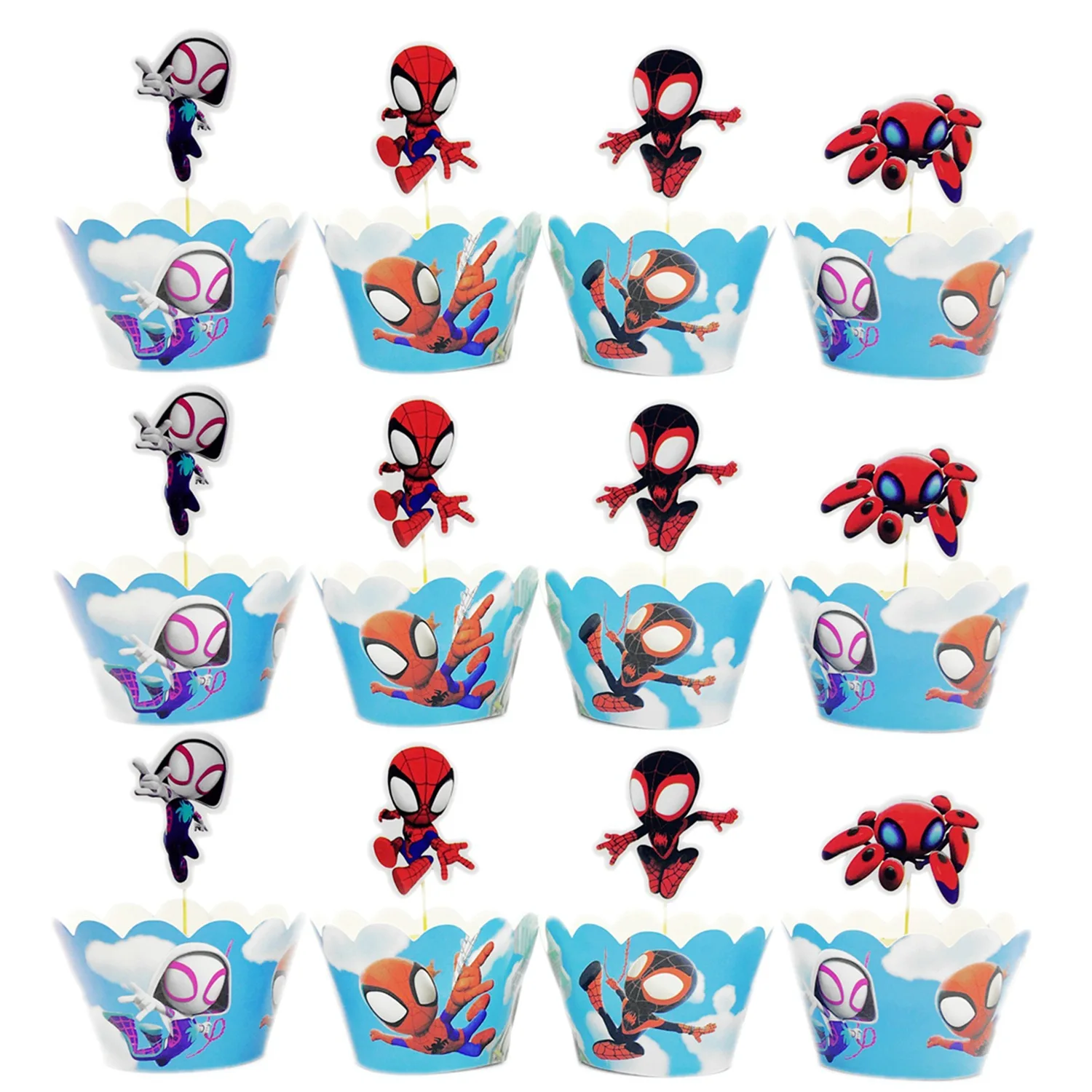 SpiderMan Theme Party Supplies Bake Cupcake Wrappers Toppers Kids Happy Birthday Party Baby Shower Decoration 12pcs/lot