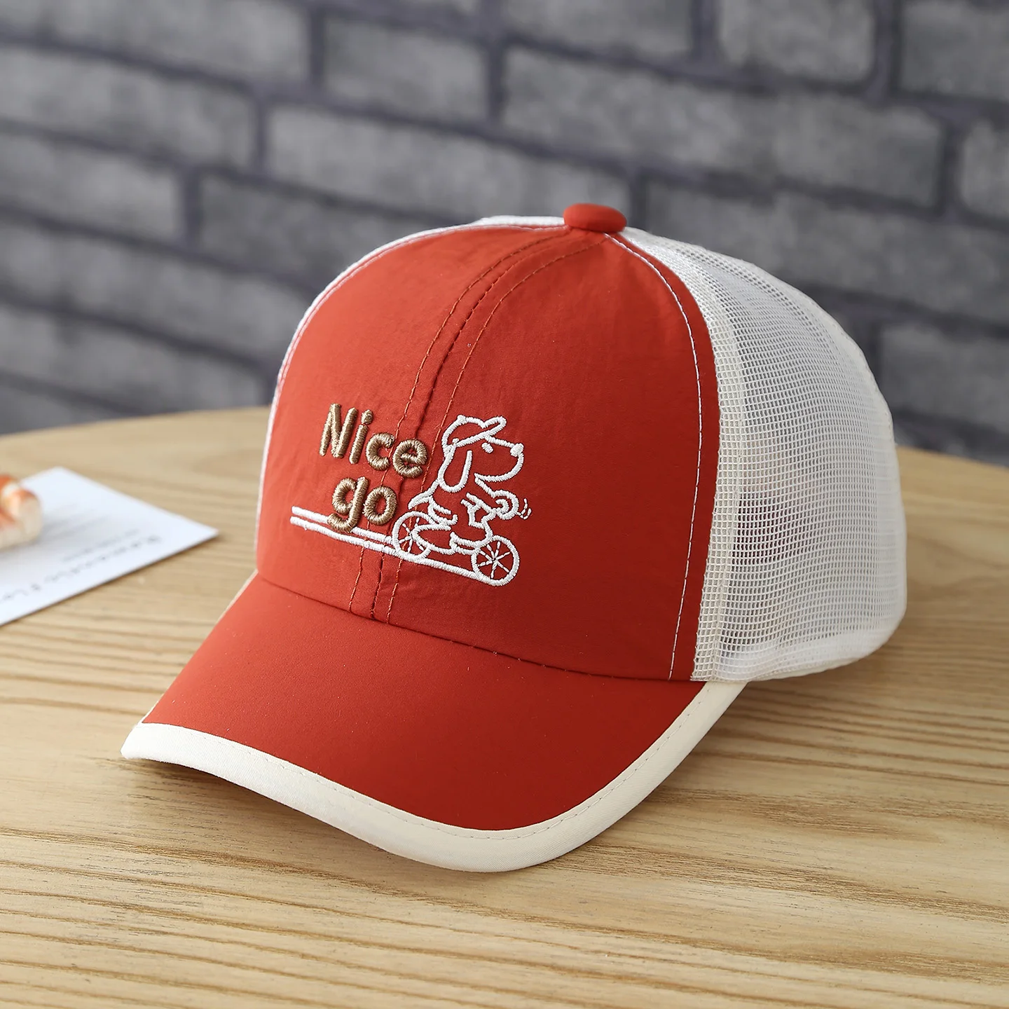 Summer Outdoor Quick-Drying Mesh Baseball Cap with Embroidery of Nice Cartoon Bicycle Dog for Children, Sun Protection Hat