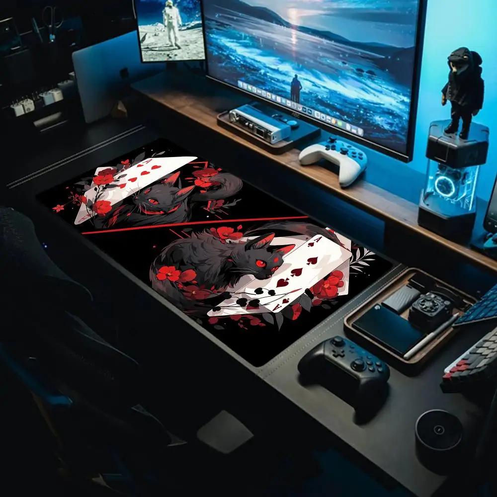 

Red-eyed black cat and poker flower rhyme Mouse Pad Extra large waterproof and stain-resistant mouse pad