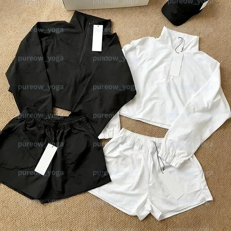 Women's Half Zip Jackets Sun Protection Coat Short Cropped Stand Collar Sports Casual Set Top+Shorts Breathable Yoga Workout
