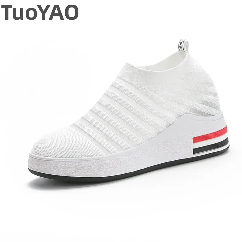 

7cm Women High Platform Sneakers Spring Thick Soles Wedge Slip-On Shoes Hollow Summer Breathable Air Mesh Casual Chunky Shoes