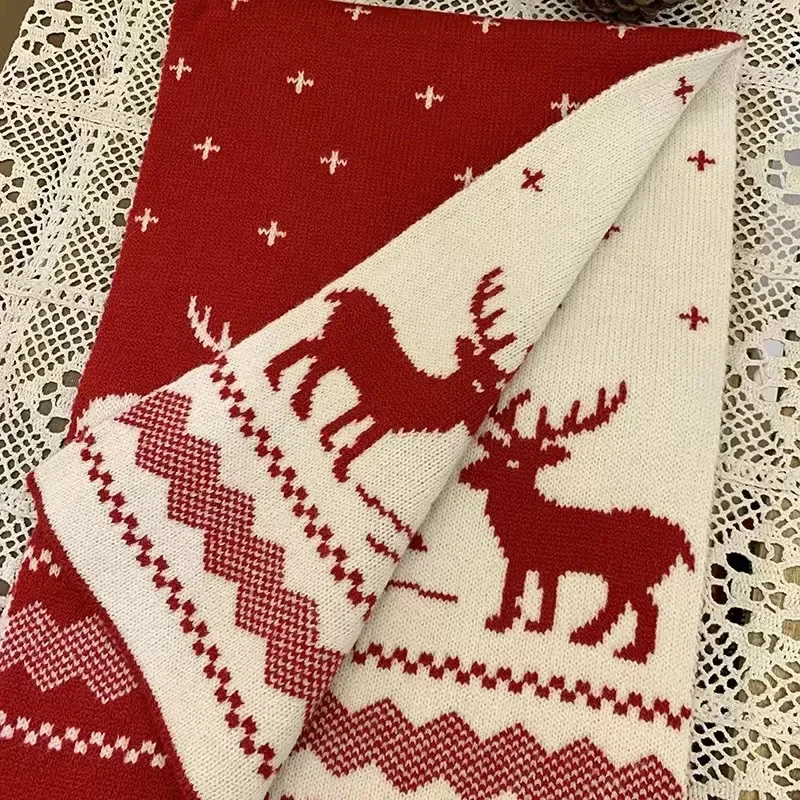 Knitted Big Christmas Scarf Winter Thicken Double-sided Warm Deer Elk Snowflake Printed Shawl Women Men Fashion Neckerchiefs