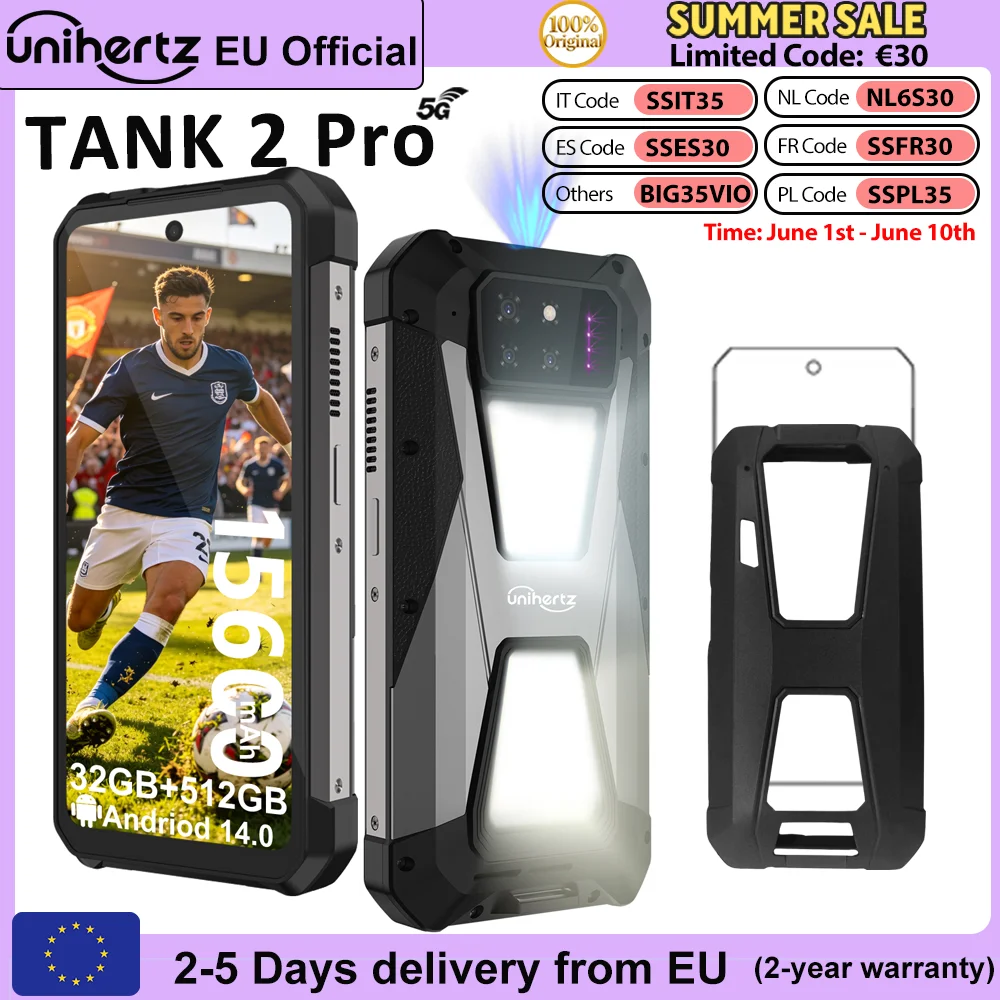 Smartphone Unihertz by 8849 Tank 2 5G avec projecteur intégré 120LM, 24 Go de RAM, 512 Go de ROM, 23800 mAh, G99, Android 14