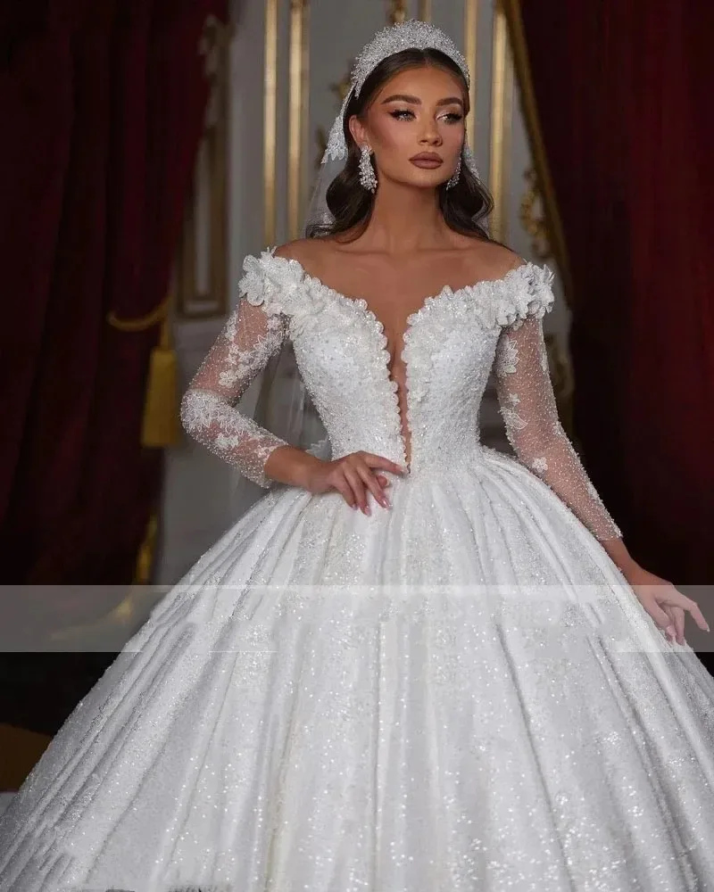 Customized 2026 New White Beaded Wedding Dresses Long Sleeves Chapel Wedding Gowns For Women Vestido Blanco Bride Dresses