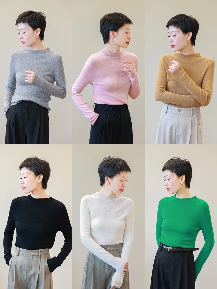 

Soft Woolen Knitted round Ne Base irt Women's Faionable Autumn Winter New Sle Top Commute Sle Straight Cut Poly Woo...