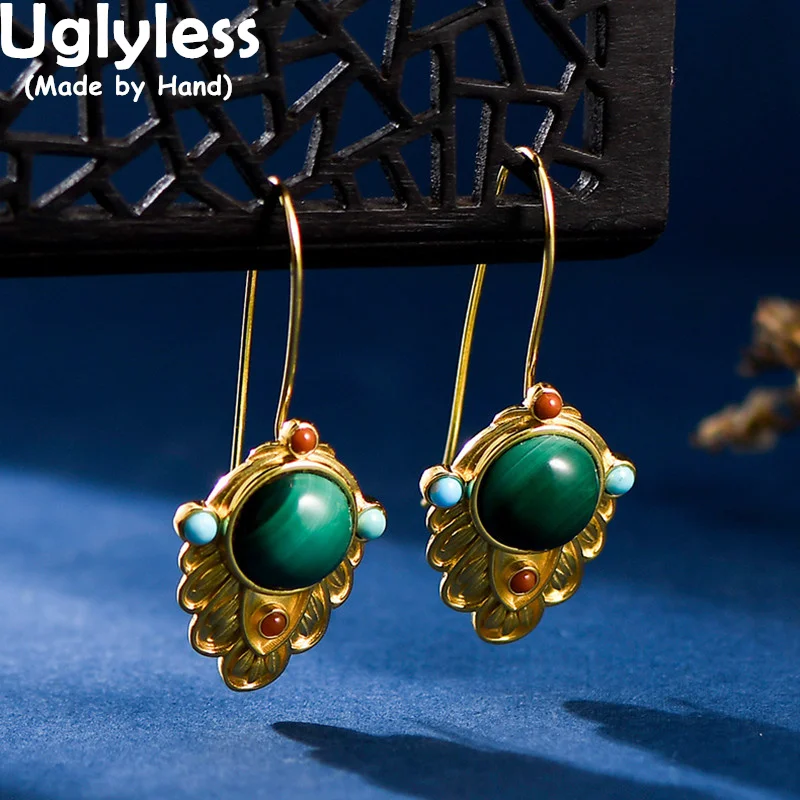 

Uglyless Ethnic Vintage Women Malachite Earrings for Women Exotic Natural Gemstones Long Earrings 925 Sterling Silver Brincos