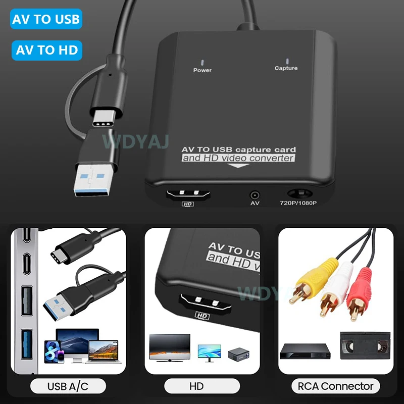 VHS إلى محول رقمي RCA إلى HDTV محول USB بطاقة التقاط الفيديو لـ VCR/DVD/AV/PS2/Wii لنظام التشغيل Windows Mac Linux AV إلى HDTV