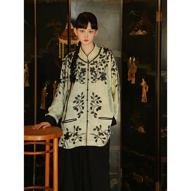 Outono novo cardigan camisa chinesa feminina tradicional bordado oriental mangas compridas vintage tang qipao hanfu topos