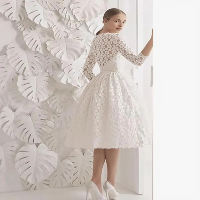 Elegante abito da sposa corto in pizzo con scollo a barca, mezza manica, fascia con fiocco, abito da sposa a trapezio, lunghezza tè, per feste in giardino