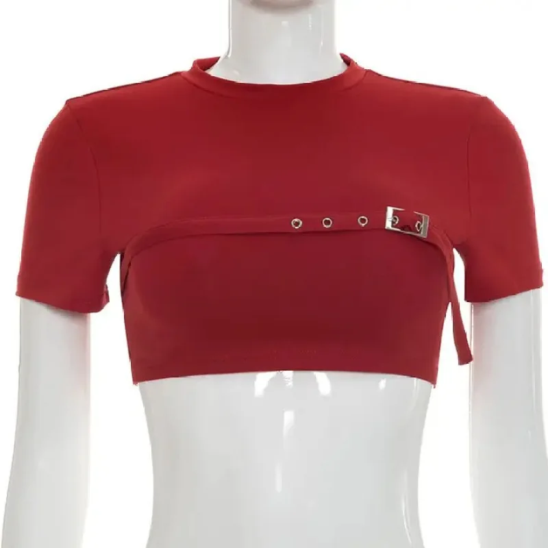 European American Y2K Spicy Girl Crop Top Summer New Metal Buckle Adjustable Slim Short Sleeve Exposed Waist Women T Shirt