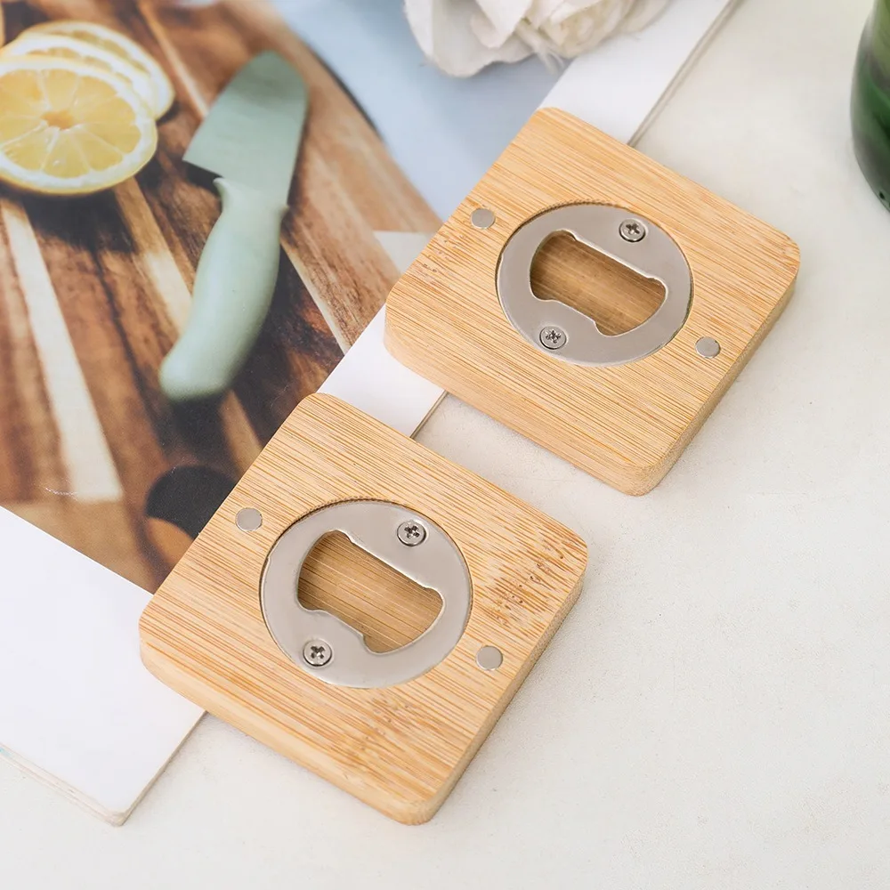 

Portable Magnetic Beer Opener Wooden Square Round Beer Cap Catche Bamboo Bottle Openers for Home Kitchen Bar