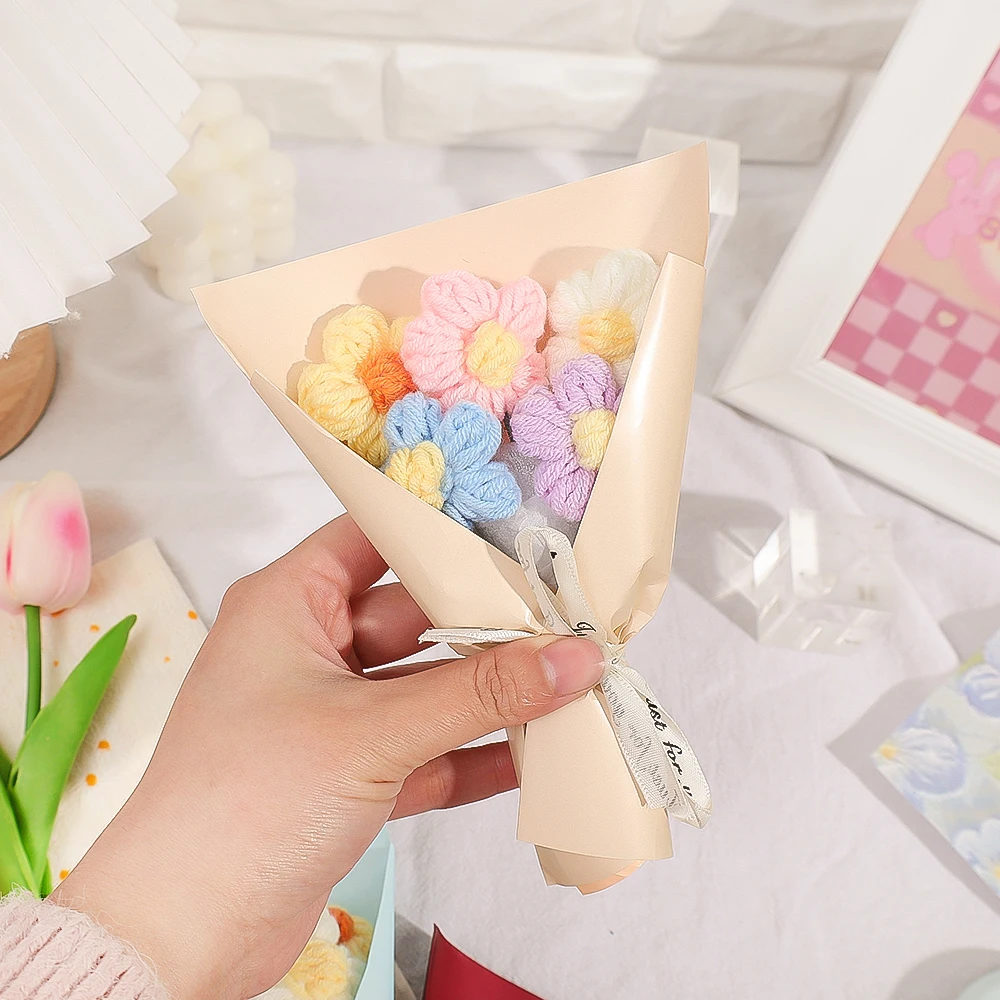 6Pcs Mini Flower Bouquet Artificial Wool Crochet Woven Knitting Daisy Decor Handmade Birthday Mother's Day Gift Photography Prop