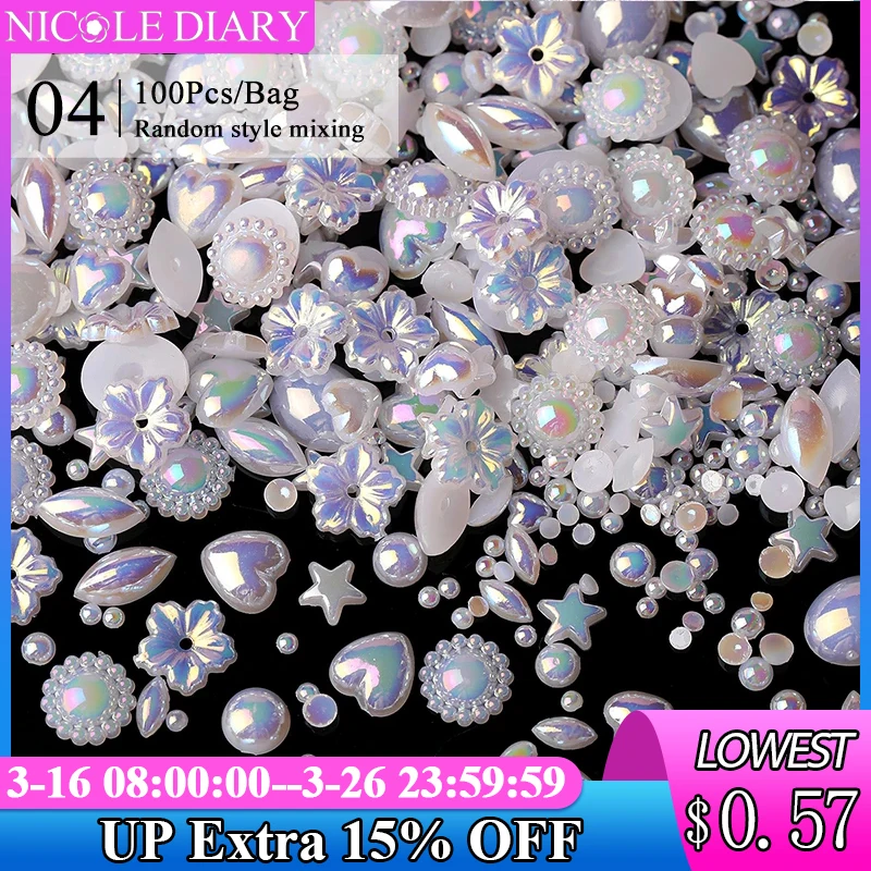 100Pcs Aurorals Nail Art Decoration Shell Pearl 3D Nail Charms Mixed Style Colorful Resin Butterfly Bowknot Manicure Nail Supply