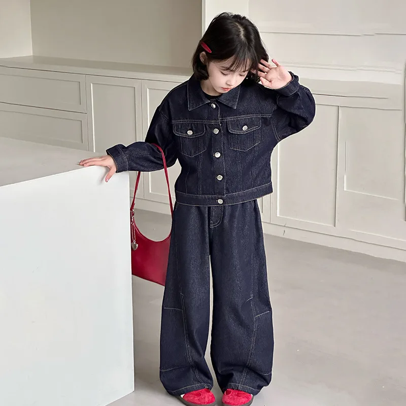 

2025 Spring and Autumn New Big Boy Stylish Single Row Button Collar Denim Coat and Two Piece Denim Set