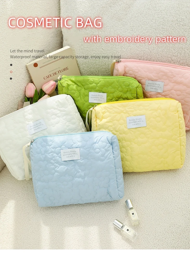 Quilting Flower Kosmetiktasche mit großem Fassungsvermögen, wasserdichte tragbare Aufbewahrungstasche, Reise-Make-up-Tasche – Detail 1