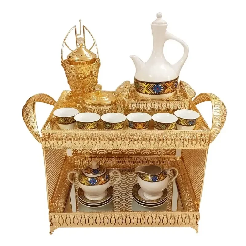 new design golden metal coffee tray set with porcelain tea cup and saucers