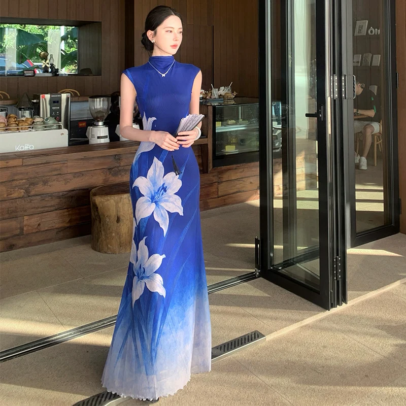 Vestido Largo de Verano con Estampado Floral de Jade Azul Lantian, Estilo Chino, Delgado, Suave, de Poliéster de Alta Elasticidad