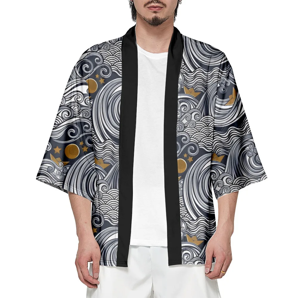 Fashion Wave Print Loose Japanese Cardigan Men Beach Kimono Cosplay Tops Women Yukata Clothing Plus Size 6XL 5XL 4XL