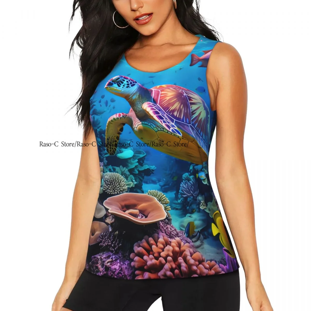 Women Sexy Vest Sea Turtle Underwater Scene Sleeveless Round Neck Tank Tops Female Casual Basic Camisole