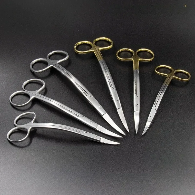 Dental Surgical Scissors Double Curved Stainless Steel Needle Holder Plier 11.5cm Gold Plated Handle Dentistry Dissecting Forcep