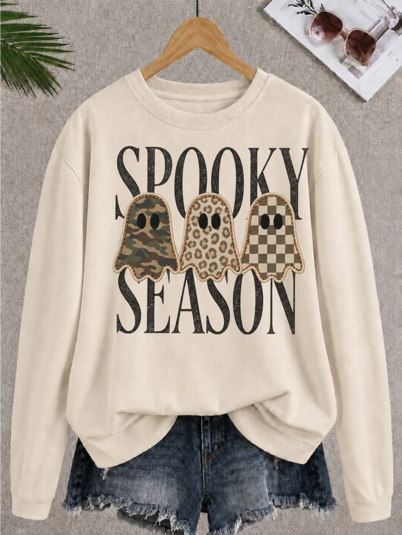 Halloween sweater, leopard print ghost hoodie, camouflage ghost sweater, checkered ghost round-neck shirt, Halloween ghost hoodi