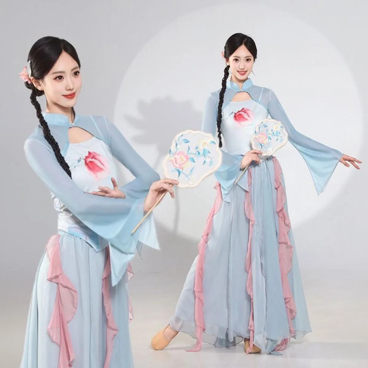 

Soft Lotus Sheer Dance Top - Flowy Practice Blouse for Chinese Classical, Ethereal Stage Performance Wear Chinese Dance Clothes