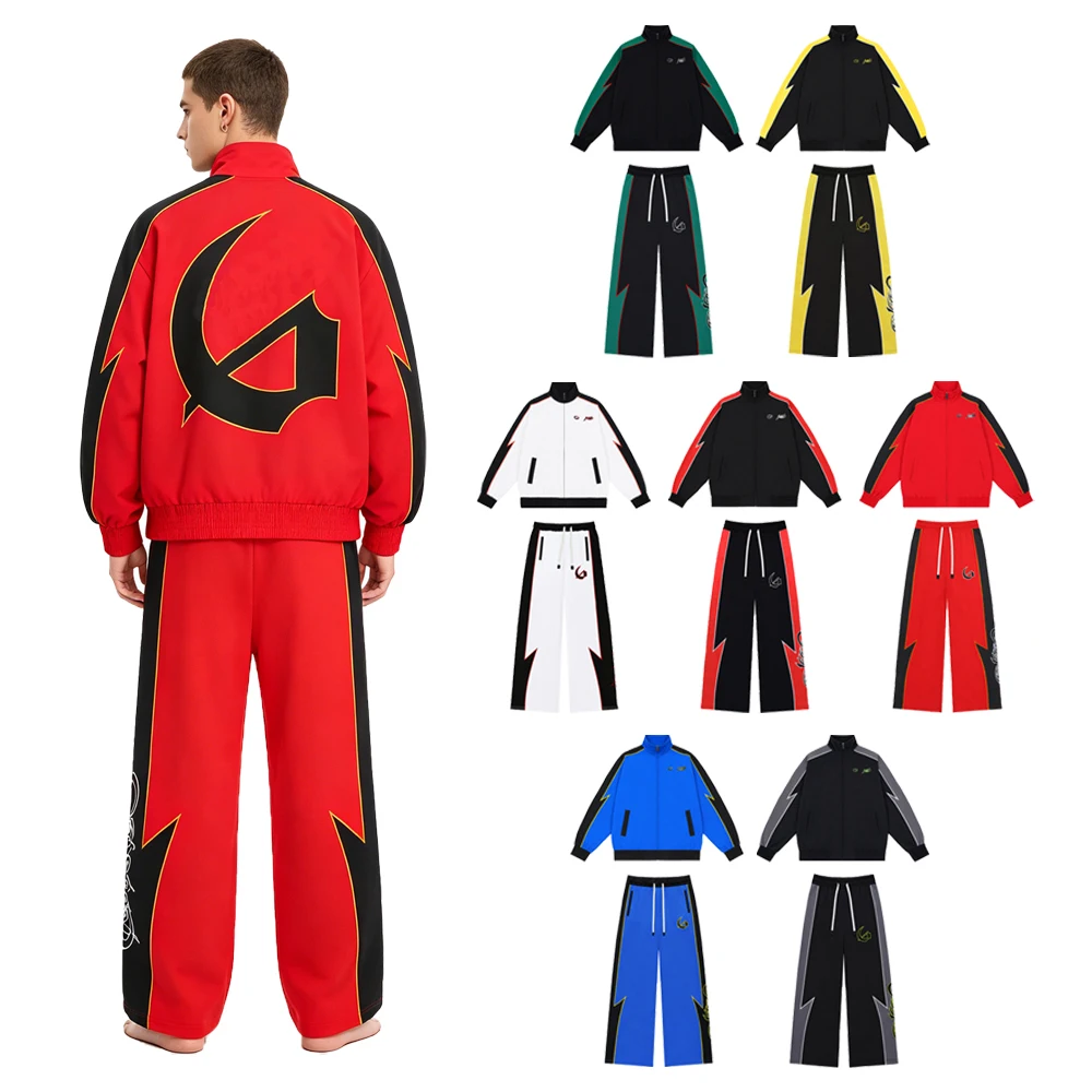 Y2k Streetwear Men's Sets Two Piece Zipper Sports Tracksuit with Letter Embroidery Hiphop Street Style Casual Retro Sports Suits