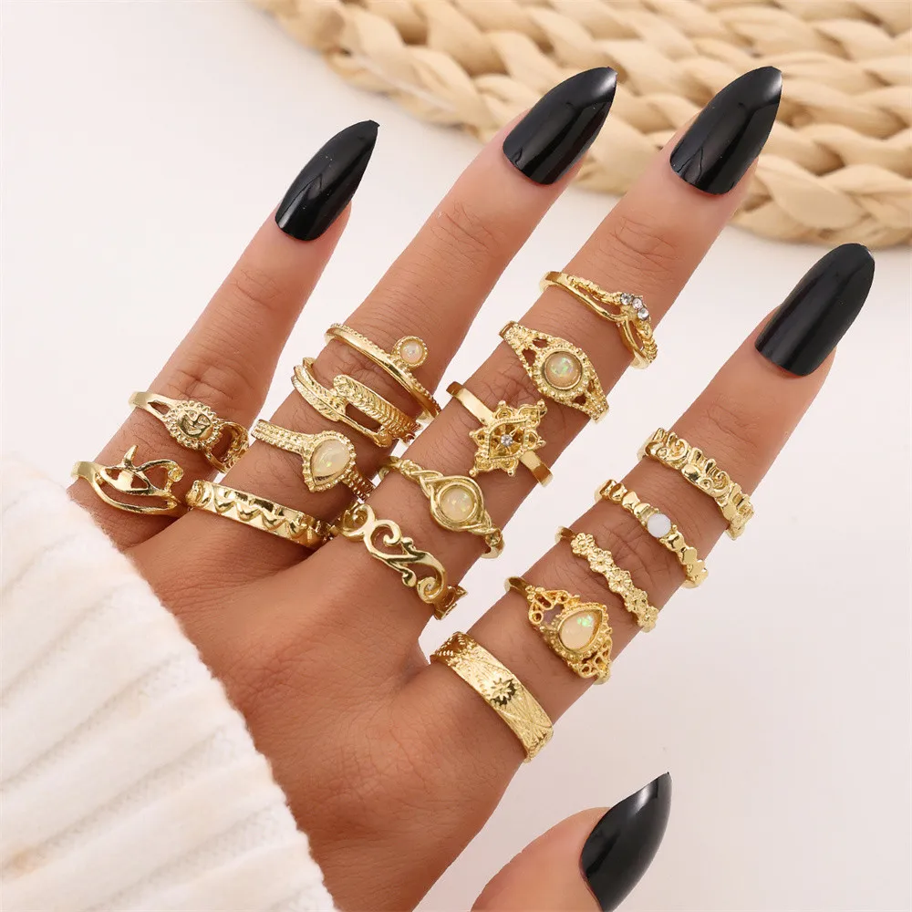 

16PCs Retro Simulation Diamond Carved Starry Sky Gemstone Ring Set Man Women High-end Rings Jewelry