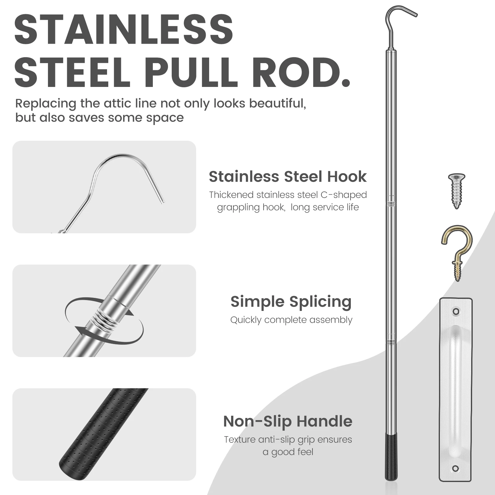 Kit sistema di trazione per scaletta soffitta Parti di ricambio per ganci per corde con asta di prolunga e strumento per parti di maniglia per gancio di stoccaggio in rame