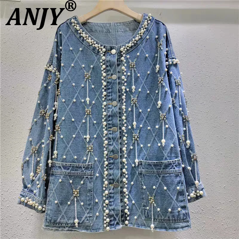 

ANJY, осенняя новая женская европейская тяжелая джинсовая куртка средней длины с кисточками и бисером и бриллиантами, элегантное темпераментное пальто A14667