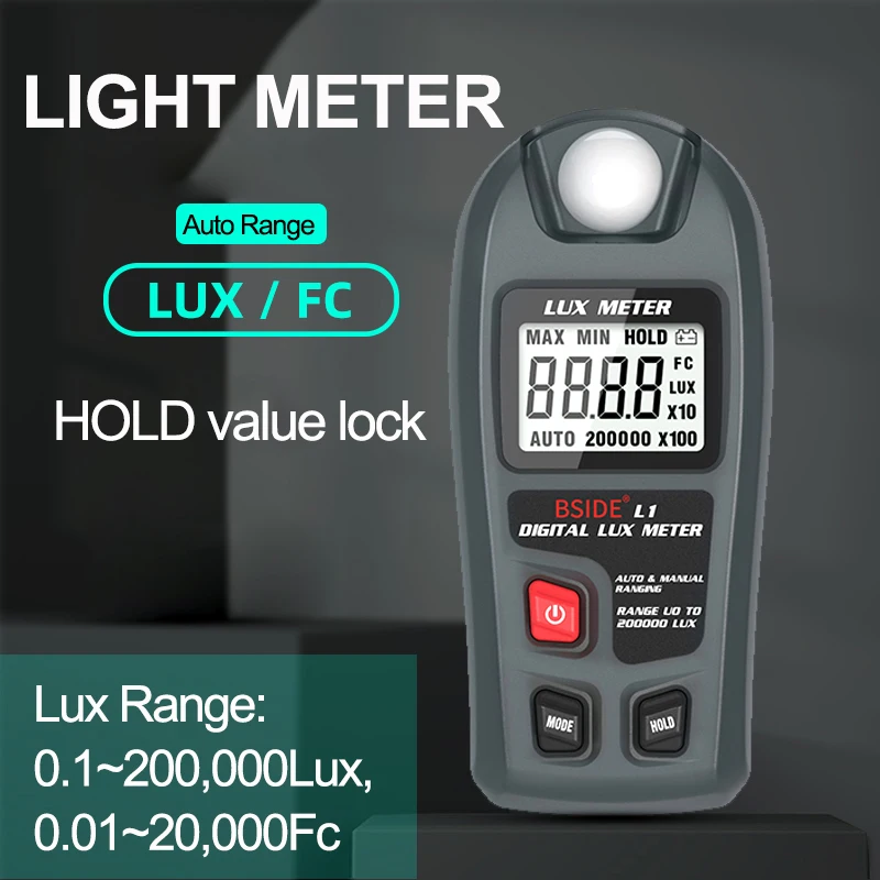 Digital Luxmeters Illuminance Light Meter High Accuracy Handheld Lux Meter with LCD Display Range 0.1-200000 Lux/0.01-20000 Fc