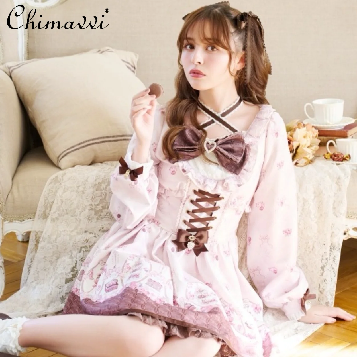 Japanese Style LIZ Sweet Cross Halter Dress 2026 Spring New Cute Bow Girl