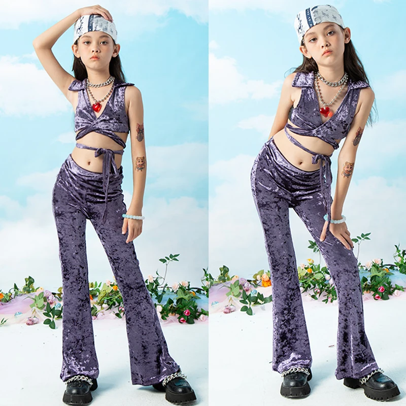 

New Kpop Outfit Jazz Dance Costume For Girls Purple Top Flared Pants Kids Hip Hop Clothing Stage Street Dance Wear XS6539