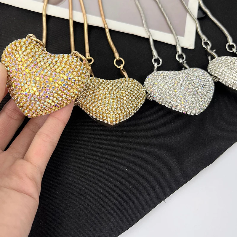 

Luxury Mini Peach Heart Diamond Chain Crossbody Bag Handbags For Women Shiny Stone Shoulder Bag Party Cute Purse