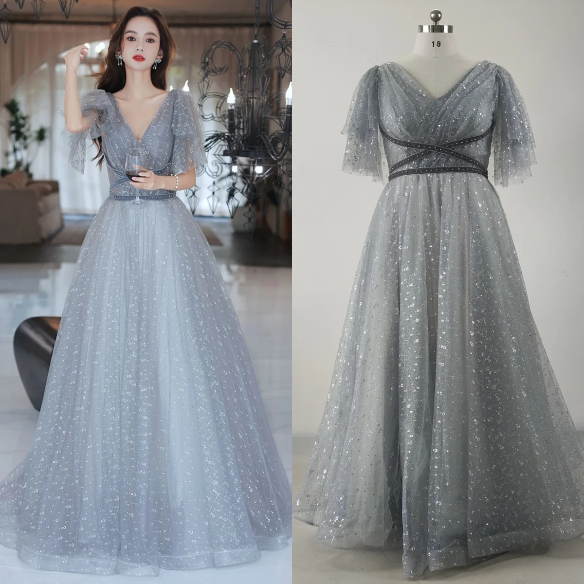 

Feelingarden Plus size Evening Dress Gray Pattern V-Neck Short Sleeves Pleat A-Line Floor Length Woman Party Formal Gowns XC081