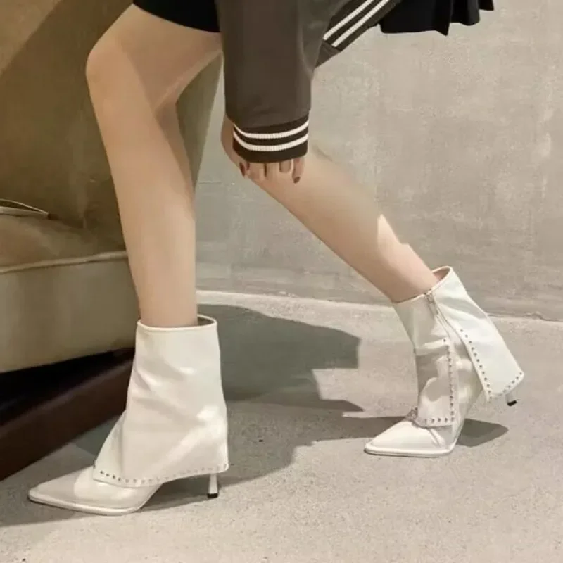 Autumn Winter Women's Boots Fashion Rivet Zip Women Shoes Trouser Boots Pointed Lady Thin High Heels Western Cowboy Lady Booties