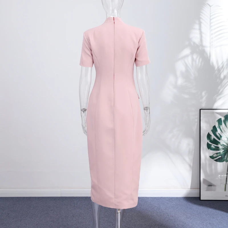 2026 Sommer Stehkragen Einfarbiges Damen-Midikleid Elegantes Einreihiges Kurzarm-Slim-Kleid Modisches Neues Damen-Langes Kleid – Detail 2