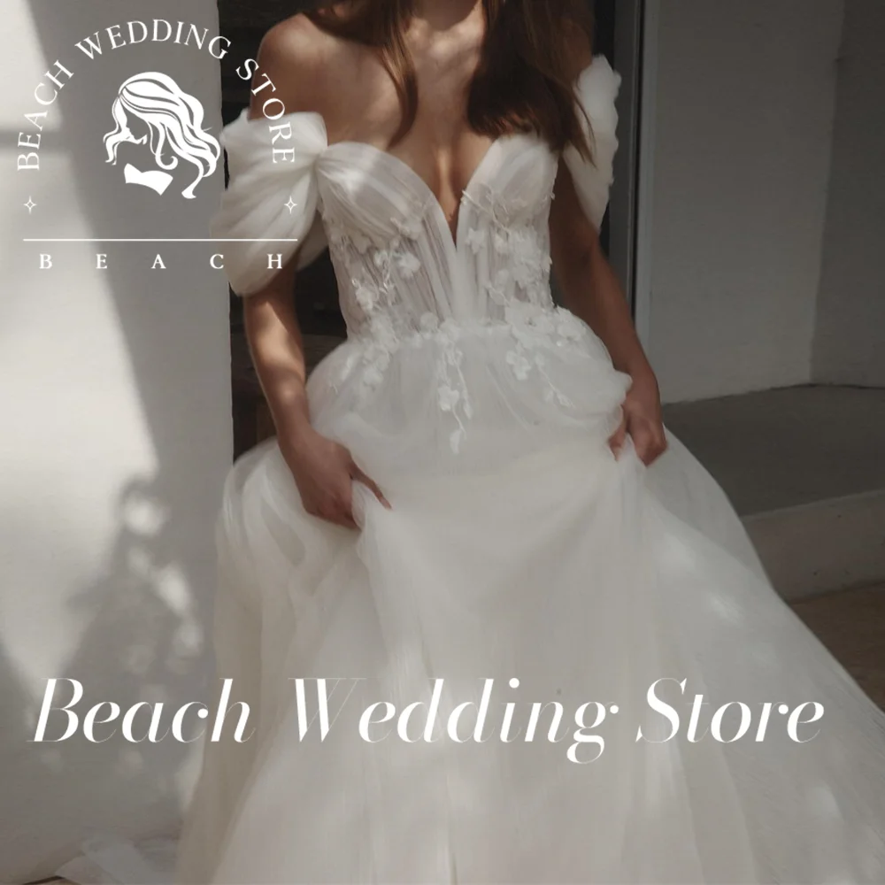 

Beach Customized V Neck Off The Shoulder A Line Wedding Dresses Detachable Sleeves Tulle Lace Appliques Bride Gown Sweep Train