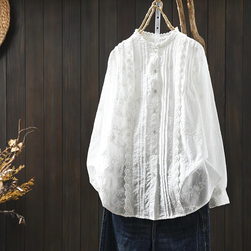

Осенняя одежда 2025 года, женские тонкие элегантные блузки из 100% хлопка для женщин, белые блузки с длинными рукавами и кружевной вышивкой в стиле бохо, женские топы