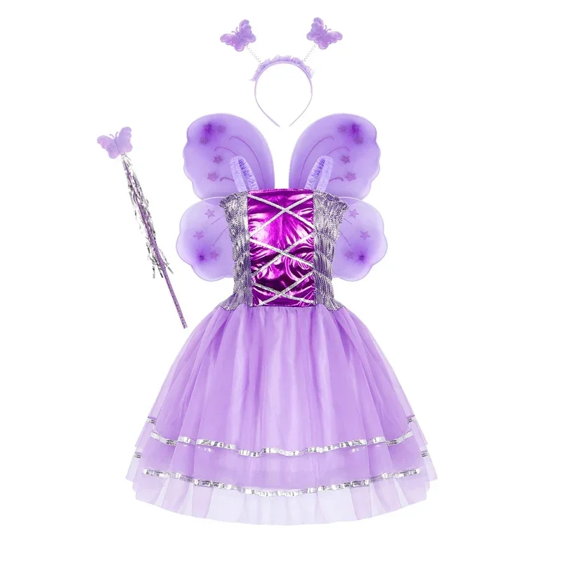 Disfraces de Cosplay de mariposa para niños, vestido de princesa con tirantes, conjunto de 4 piezas de ala de Hada de Anime, accesorios para niñas, ropa de fiesta de cumpleaños