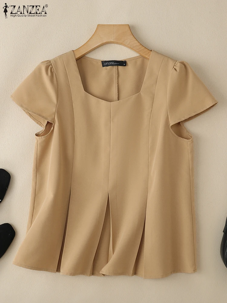 

ZANZEA Summer Square Neck Short Sleeve Shirts Women Solid Work OL Blouses Pleated Tunic Tops Stylish Casual Holiday Blusas 2025