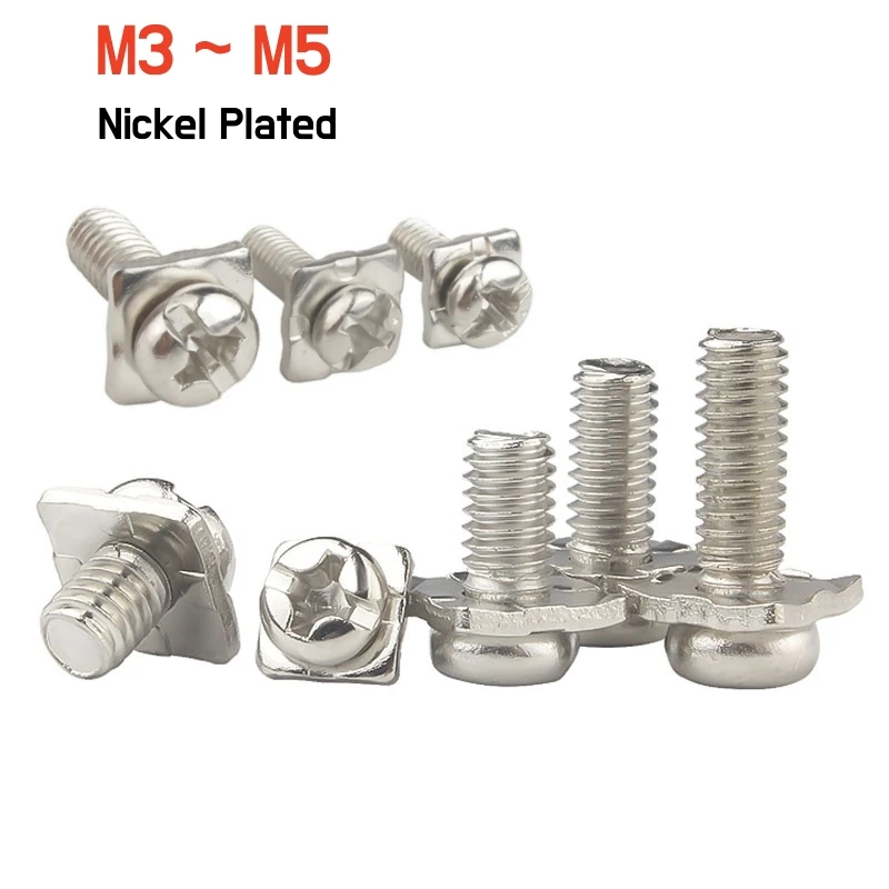 20~50pcs M3 M3.5 M4 M5 Nickel Plated Square Washer Two Combination Screw Cross Round Head Pan Head Pad Terminal Block Screw