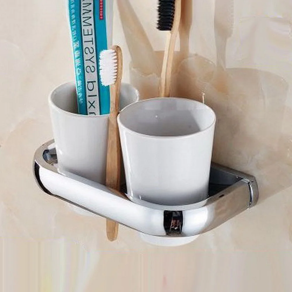 Wall Mounted Polished Chrome Brass Bathroom Toothbrush Holder Set Bathroom Accessory Dual Ceramic Cup mba836